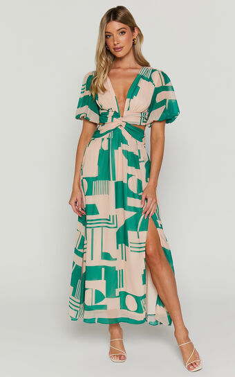 Lindey Midi Dress - Side Cut Plunge Neck Puff Sleeve Dress in Green and Cream Geo