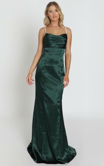 Alysha Diamante Strap Maxi Dress In Emerald Green Satin
