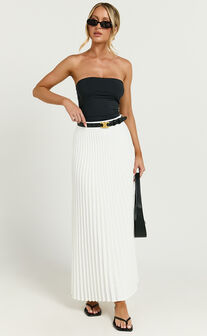 Harlee Midi Skirt - Pleated High Waist A Line Skirt in White