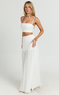 Rowan Two Piece Set - Square Neck Crop Top and High Waist Pleated Skirt Set in Ivory