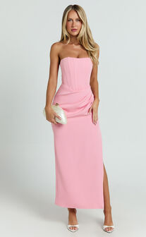 Avery Midi Dress - Strapless Draped Side Split Dress in Pink