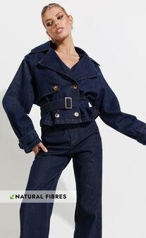 Gabrielle Trench Coat - Tie Waist Cropped Denim Coat in Indigo