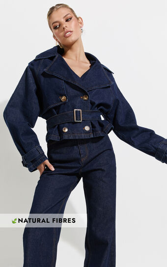 Gabrielle Trench Coat - Tie Waist Cropped Denim Coat in Indigo