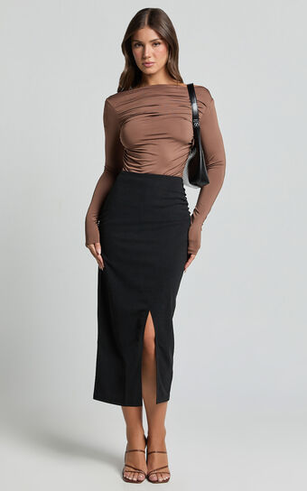 Heidi Midi Skirt - Faux Wrap Skirt in Black