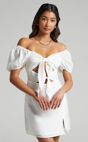 Alexandrine Double Bow Short Sleeve Mini Dress in White