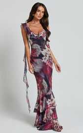 Riley Maxi Dress - Asymmetric Ruffle Detail Maxi Dress in Mariache Rose ...