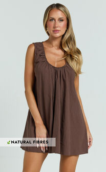 Lucinda Mini Dress - Deep U Gathered Neck Smock Dress in Chocolate