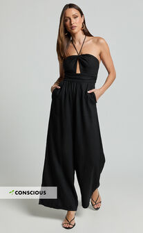 Isla Jumpsuit - Linen Halter Neck Jumpsuit in Black