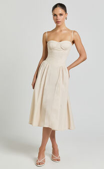 April Midi Dress - Sweetheart Wide Pleated Dress in Cream