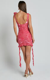 Cardi Mini Dress - Rosette Detail Devore Ruffle Hem Mini Dress in Pink ...
