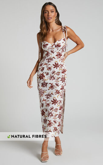 Amalie The Label - Rosabel Linen Look Blend Tie Shoulder Bustier Bodice Midi Dress in Luca print