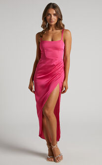 Melina Midi Dress - Strapless Mesh Bustier Thigh Split Dress in
