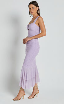 Kody Midi Dress - Bodycon Ruched Mesh Cut Out Dress in Lilac