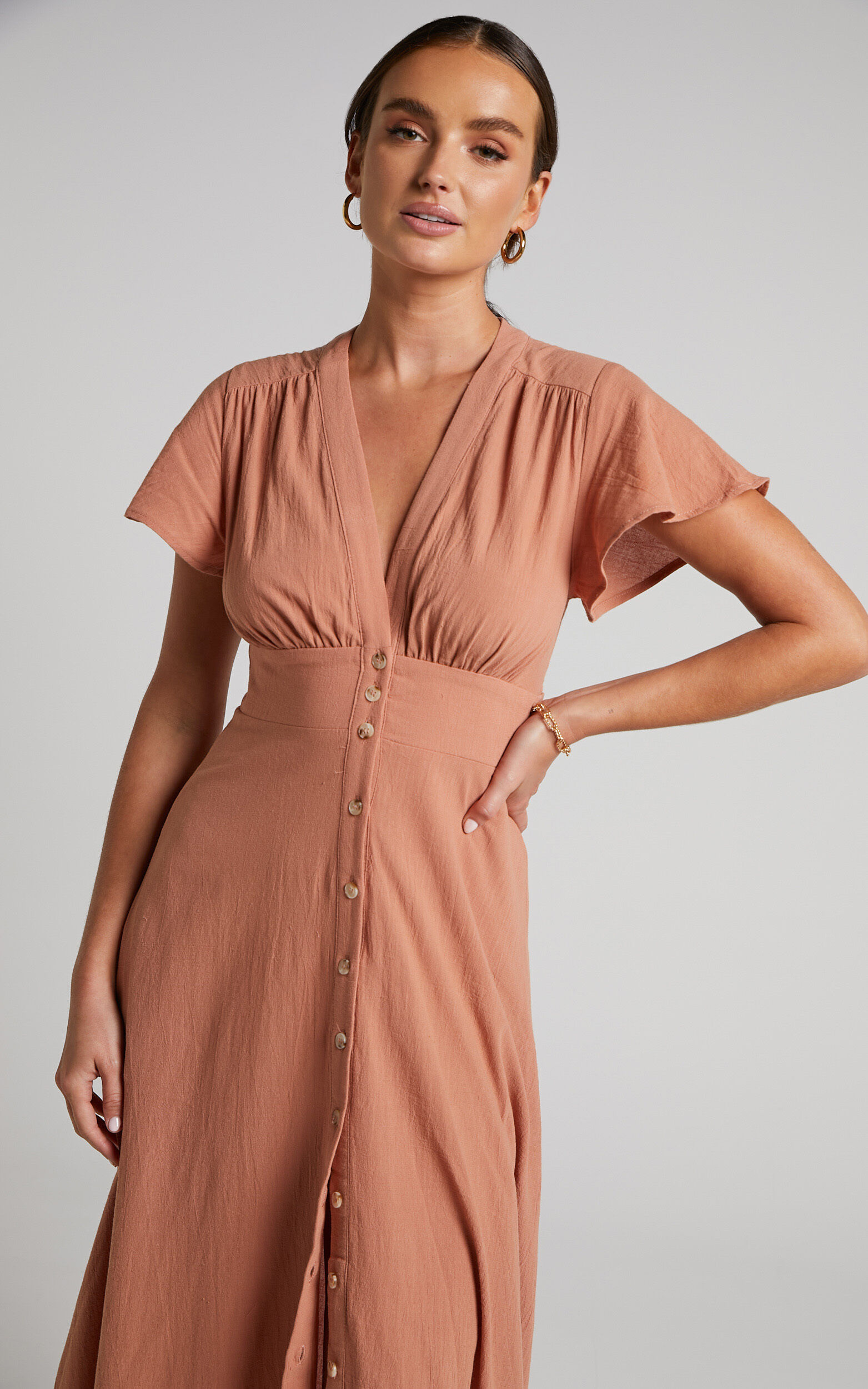 Elijah Midi Dress Empire Waist Button Down Dress in Rust Showpo