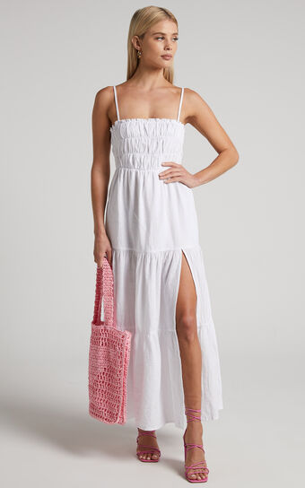 Chalmer Midi Dress - Shirred Bodice Tiered Dress in White