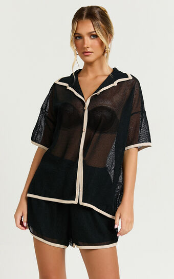 Cade Two Piece Top and  Shorts Set - Trim Knit Short Set in Black/Tan