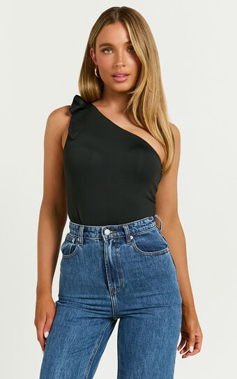 Ryan Bodysuit - One Shoulder Tie Bodysuit in Black