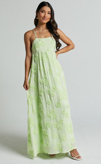 Claya Maxi Dress - Sleeveless Straight Neckline Floral Detail Dress in Lime
