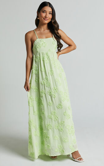 Claya Maxi Dress  Sleeveless Straight Neckline Floral Detail in Lime