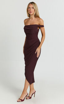 Aidia Midi Dress - Off Shoulder Draped Corset Dress in burgundy