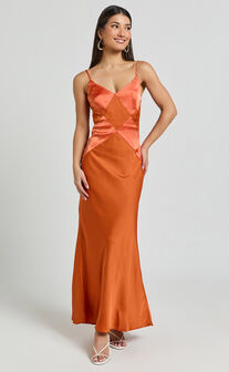 Amira Midi Dress - V Neck Sleeveless Slip Dress in Orange