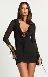 Alesya Mini Dress - Ruffle Plunge Neck Long Sleeve Tie Detail Dress in ...