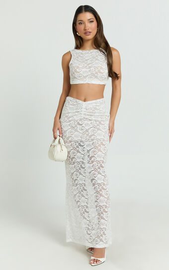 Demetria Two Piece Top and Skirt Set - Boat Neck Crop Top and Gathered Waist Maxi Skirt Set in White