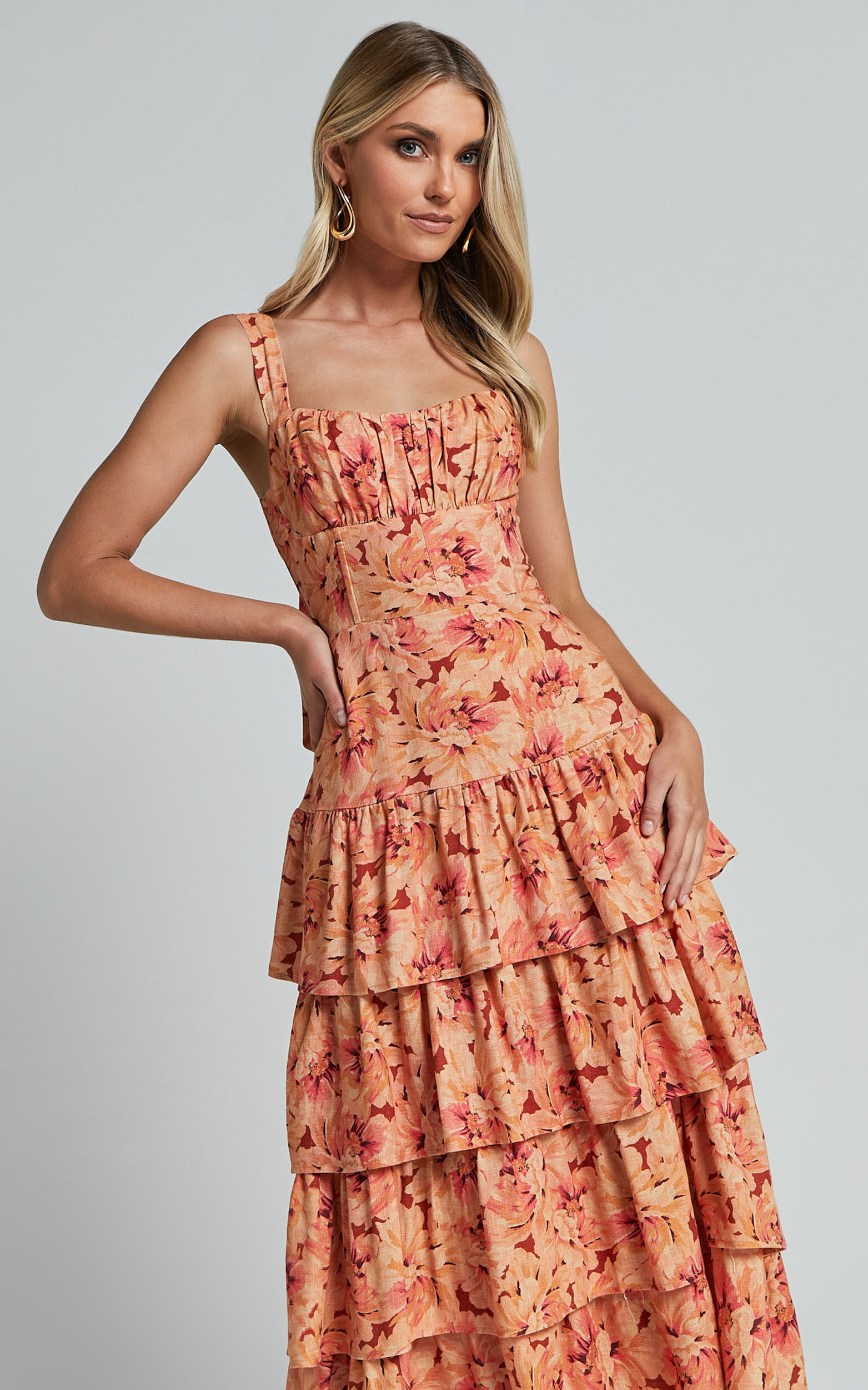 Amalie The Label Adela Linen Blend Tiered Midi Dress in Valencia Print Showpo