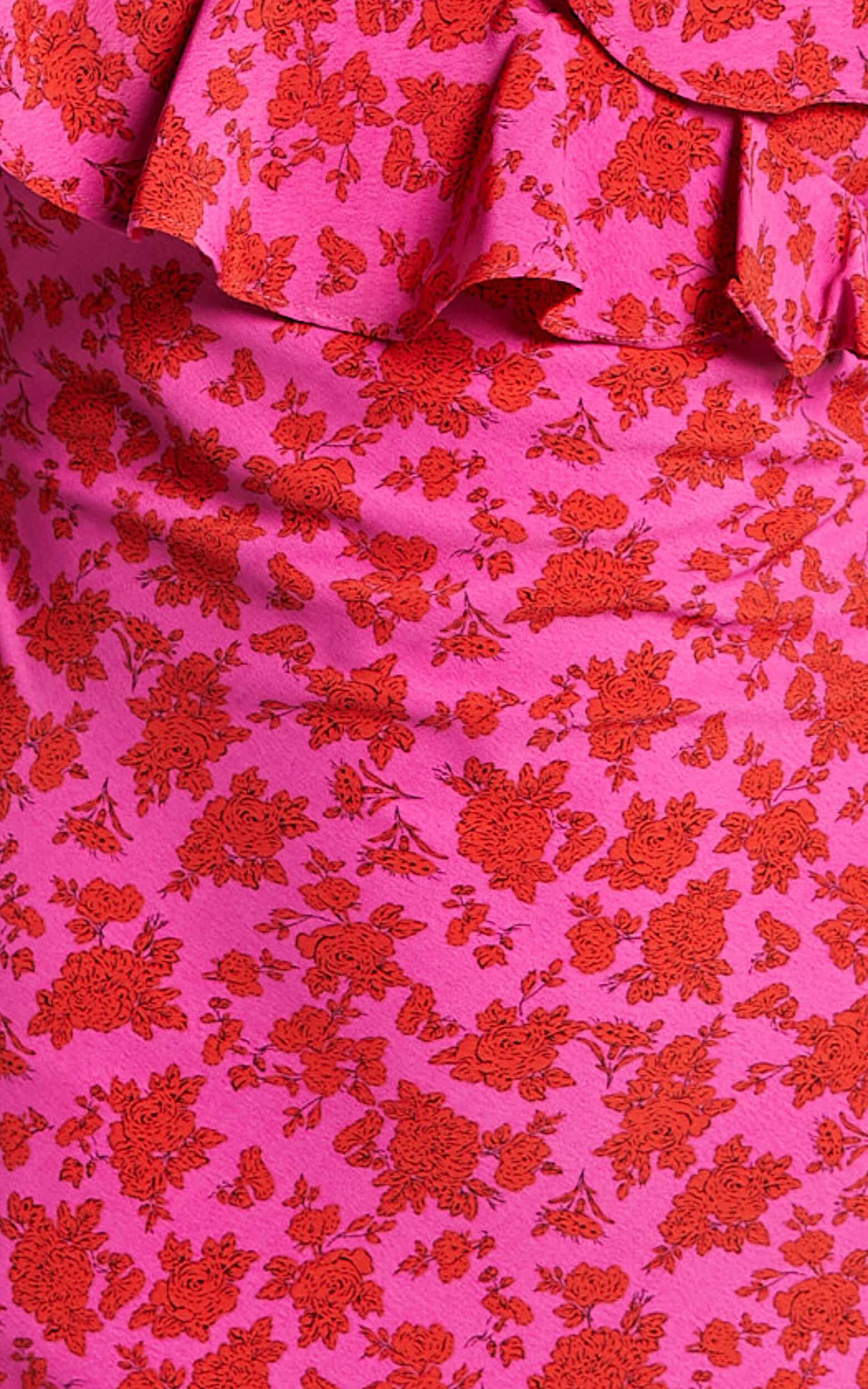 Giulia Midi Dress - One Shoulder Frill Detail Dress in Pink Floral ...