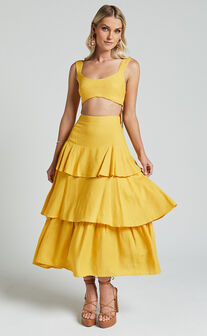 Amalie The Label - Kaleigh Linen Blend Bralette and Tiered Maxi Skirt Two Piece Set in Yellow