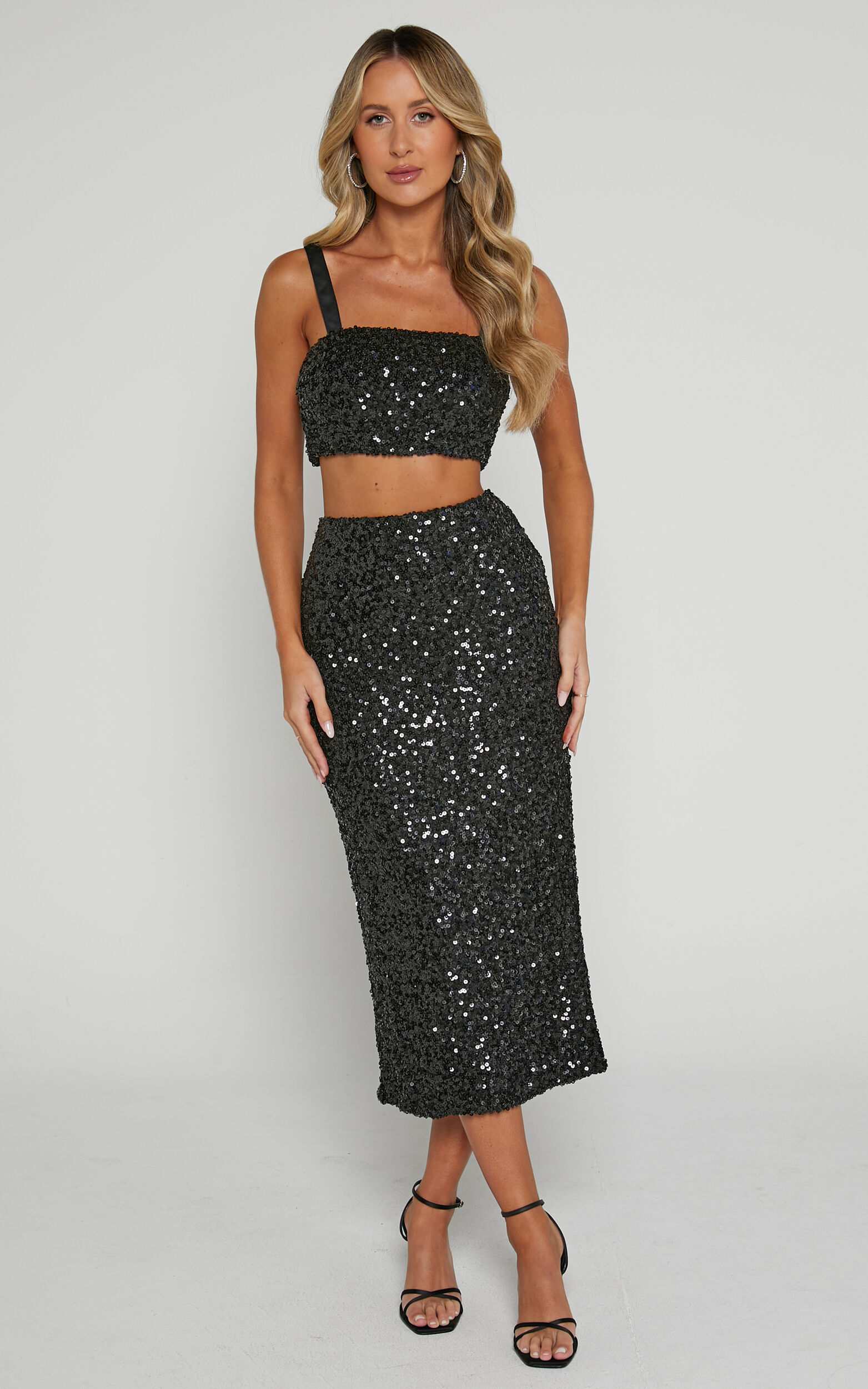 Falka Two Piece Top and Skirt Set - Strapless High Waisted Midi Skirt Sequin Two Piece Set in Black - 06, BLK1