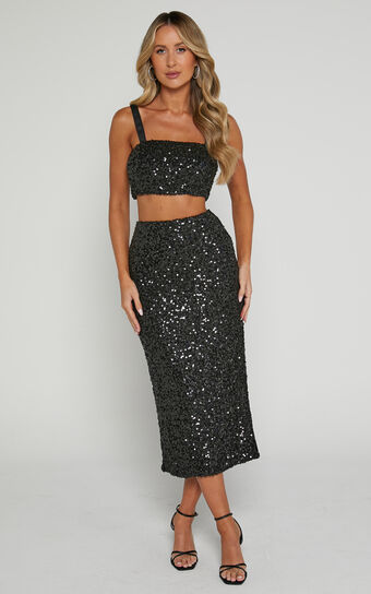 Falka Two Piece Top and Skirt Set - Strapless High Waisted Midi Skirt Sequin Two Piece Set in Black