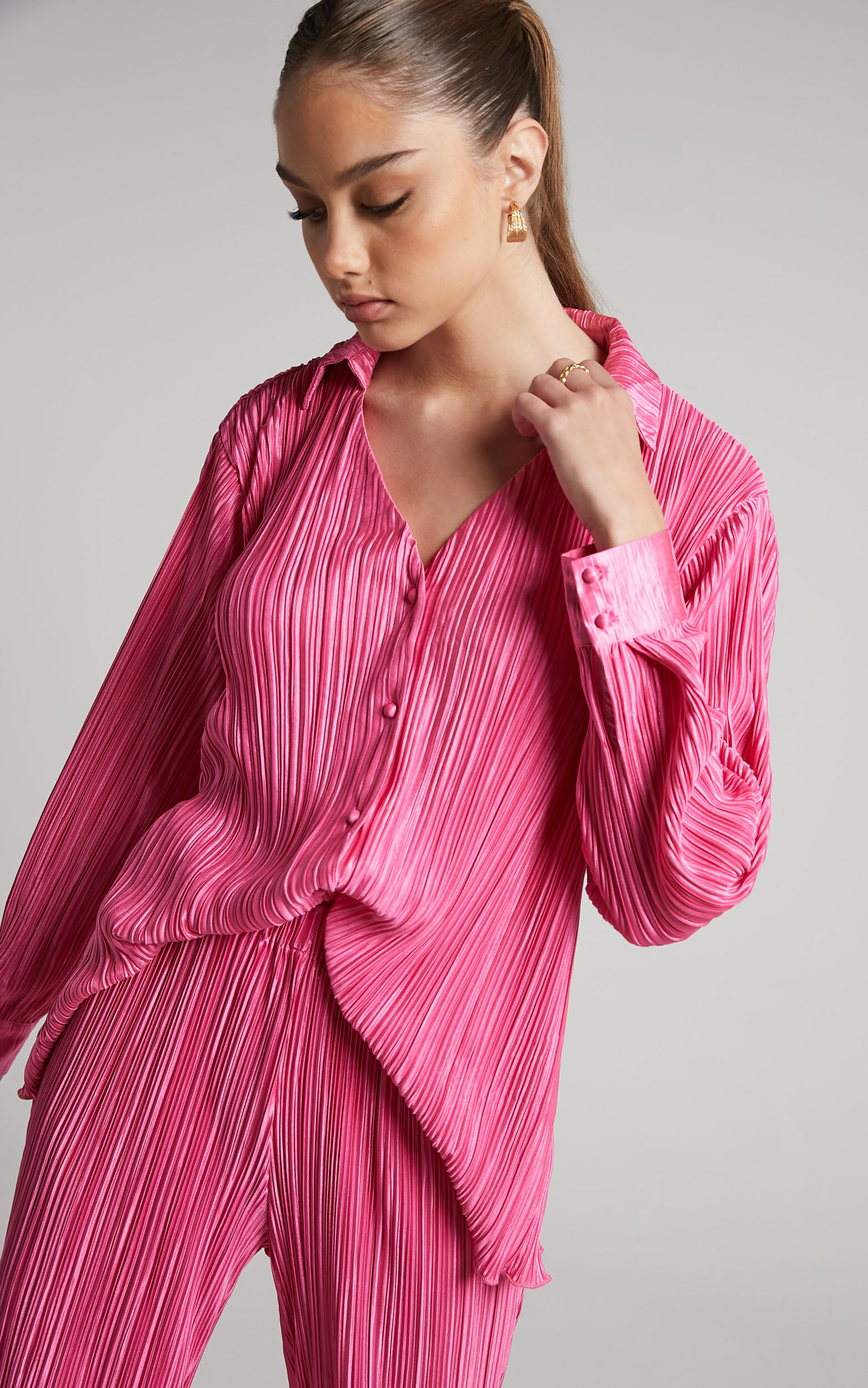 Beca Shirt - Plisse Button Up Shirt in Pink - 04, PNK1