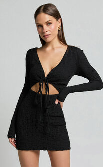 Nicky Mini Dress - Textured Plunge Cut Out Dress in Black