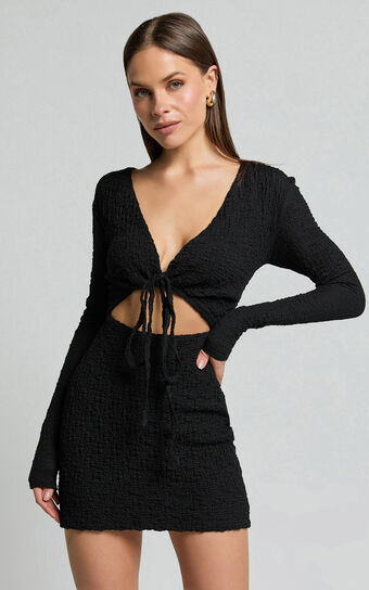 Nicky Mini Dress - Textured Plunge Cut Out Dress in Black
