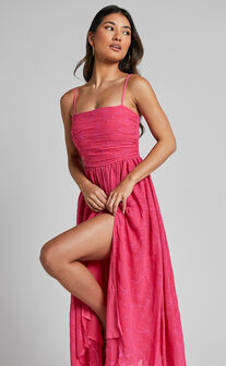 Adina Midi Dress - Embroidered Strappy Straight Neck Ruched Bodice Dress in Pink