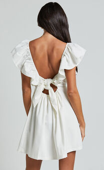 Raiza Mini Dress - Ruffle Sleeve Tie Back Plunge Dress in Off White