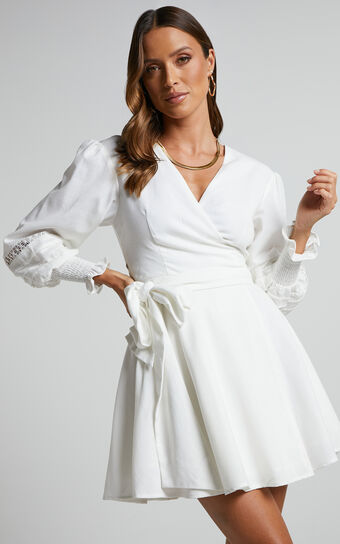 Vance Mini Dress - Linen Look Pintuck Blouson Sleeve Wrap Dress in White