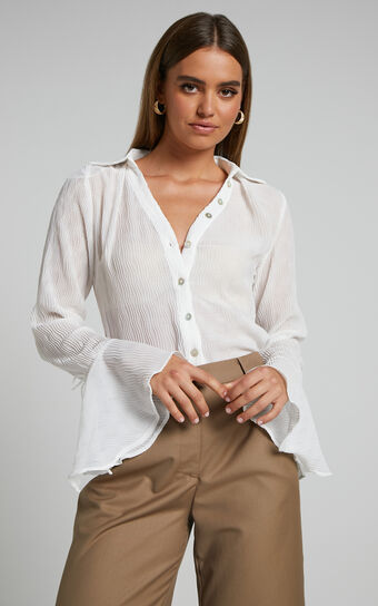 Zilvia Top  Button Through Textured Long Sleeve in White Showpo