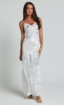 Robynne Maxi Dress - Strappy V Neck Slip Dress in White and Silver
