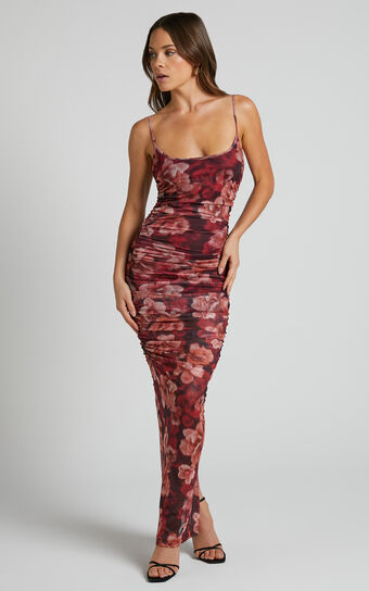 Runaway The Label - Sacha Mesh Midi Dress in Wine Floral