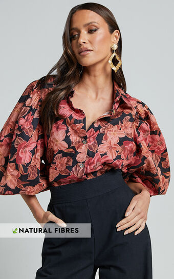 Amalie The Label - Janae Linen Blend Collared Puff Sleeve Button Up Shirt in Atalie Print
