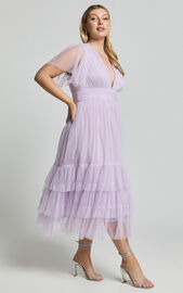 Jiraye Midi Dress - Flutter Sleeve Tuelle Plunge Dress in Lilac | Showpo