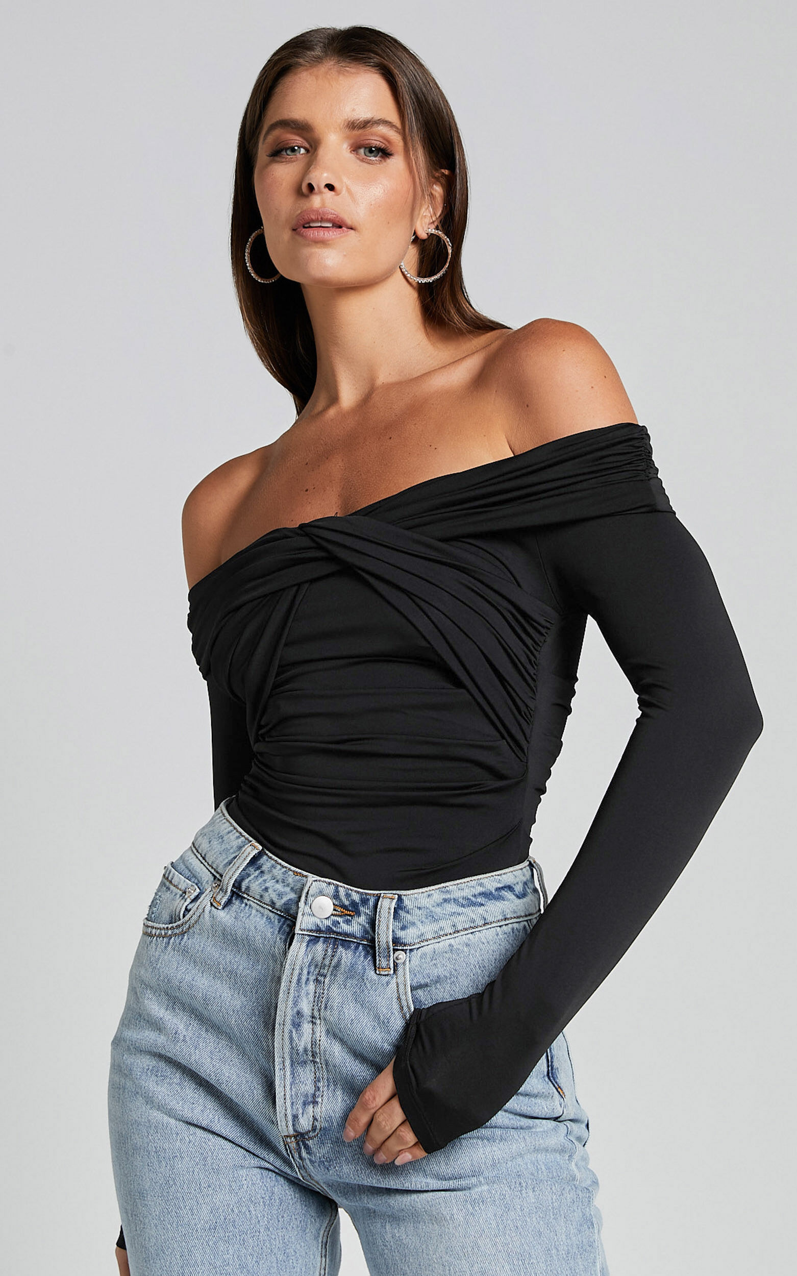 Shamaira Bodysuit Twist Front Off Shoulder Long Sleeve in Black