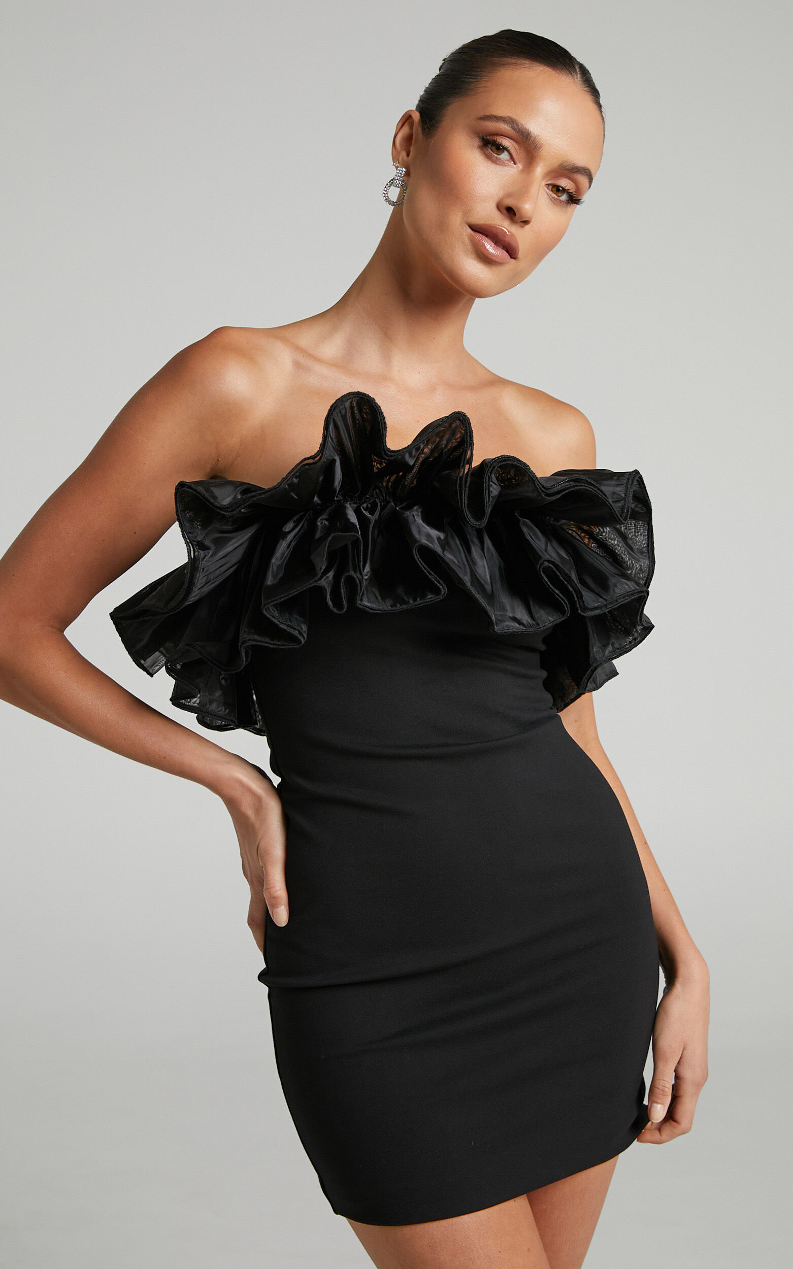 Abella Mini Dress Strapless Ruffle Detail Bodycon Dress in Black Showpo