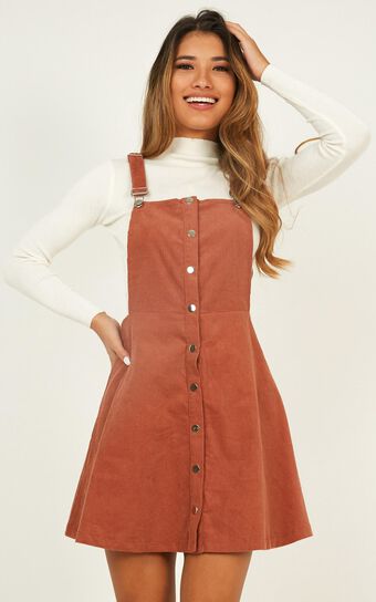Not For Me Pinafore Dress In Rust Corduroy