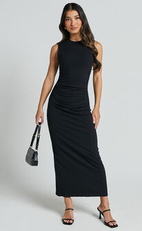 Carly Midi Dress - High Neck Ruched Dress in Black