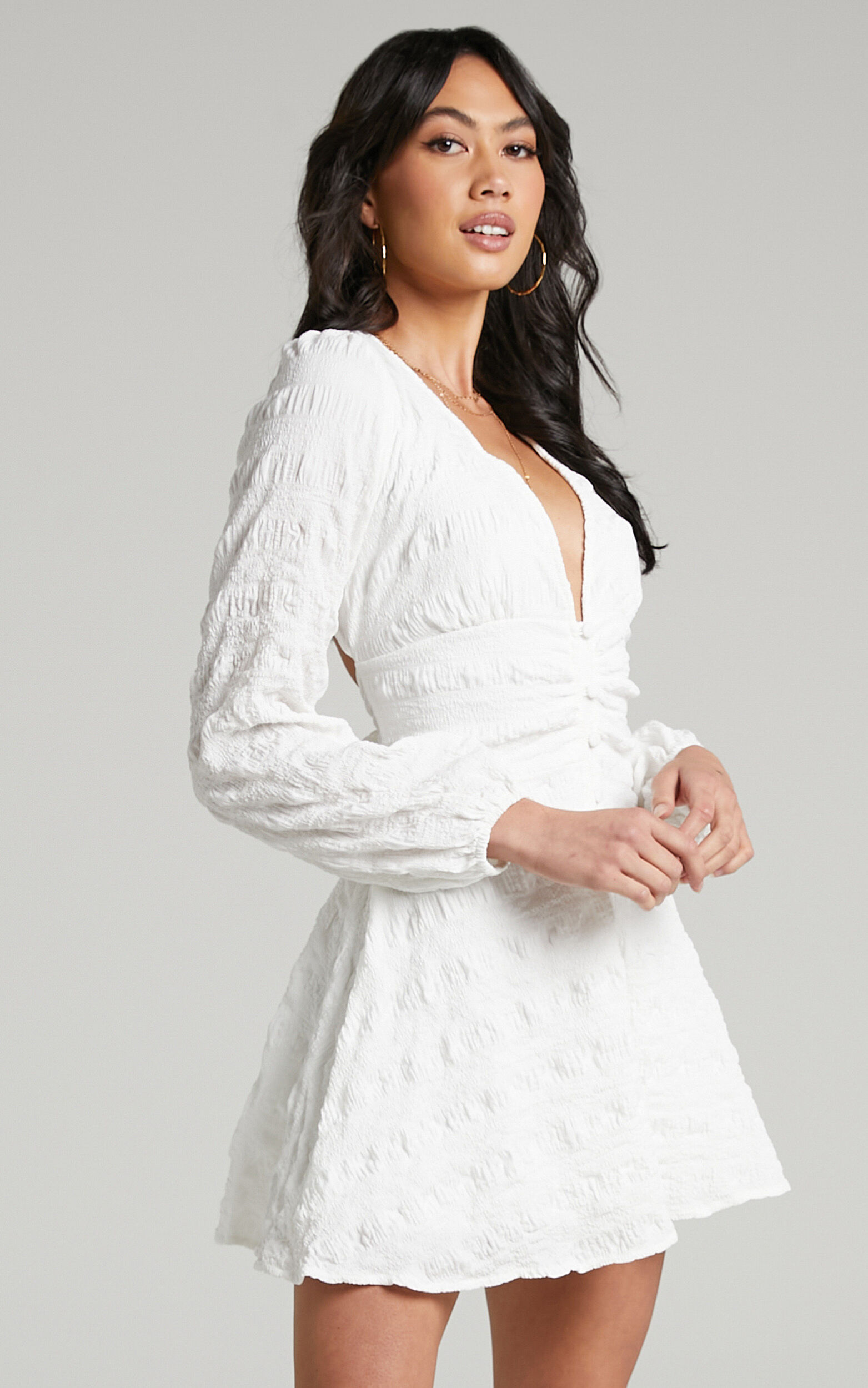 Sanaa Mini Dress - Long Sleeve Open Back Dress in White | Showpo USA