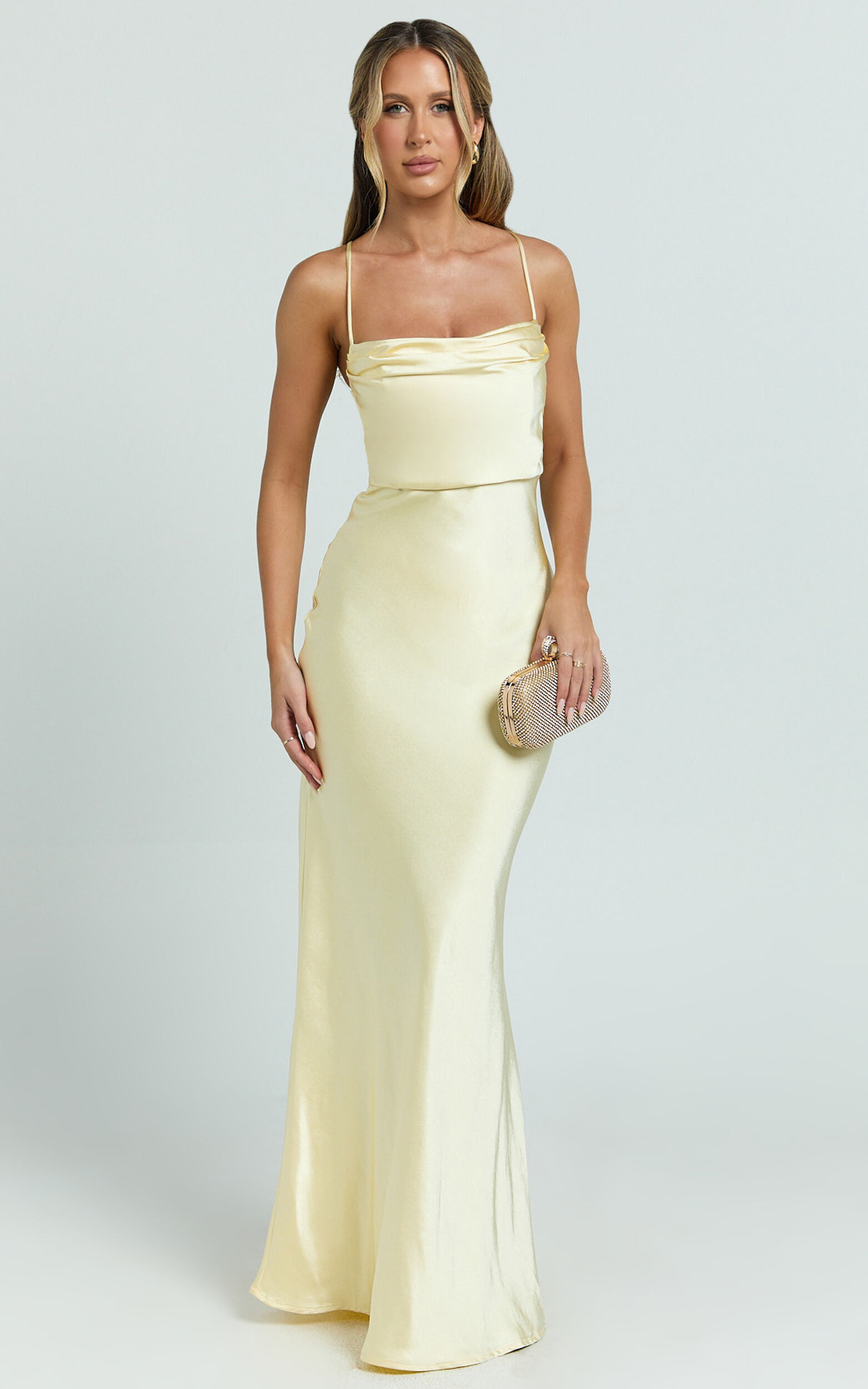 Hanna Maxi Dress - Satin Cowl Neck Low Back Dress in Lemon - 06, YEL2
