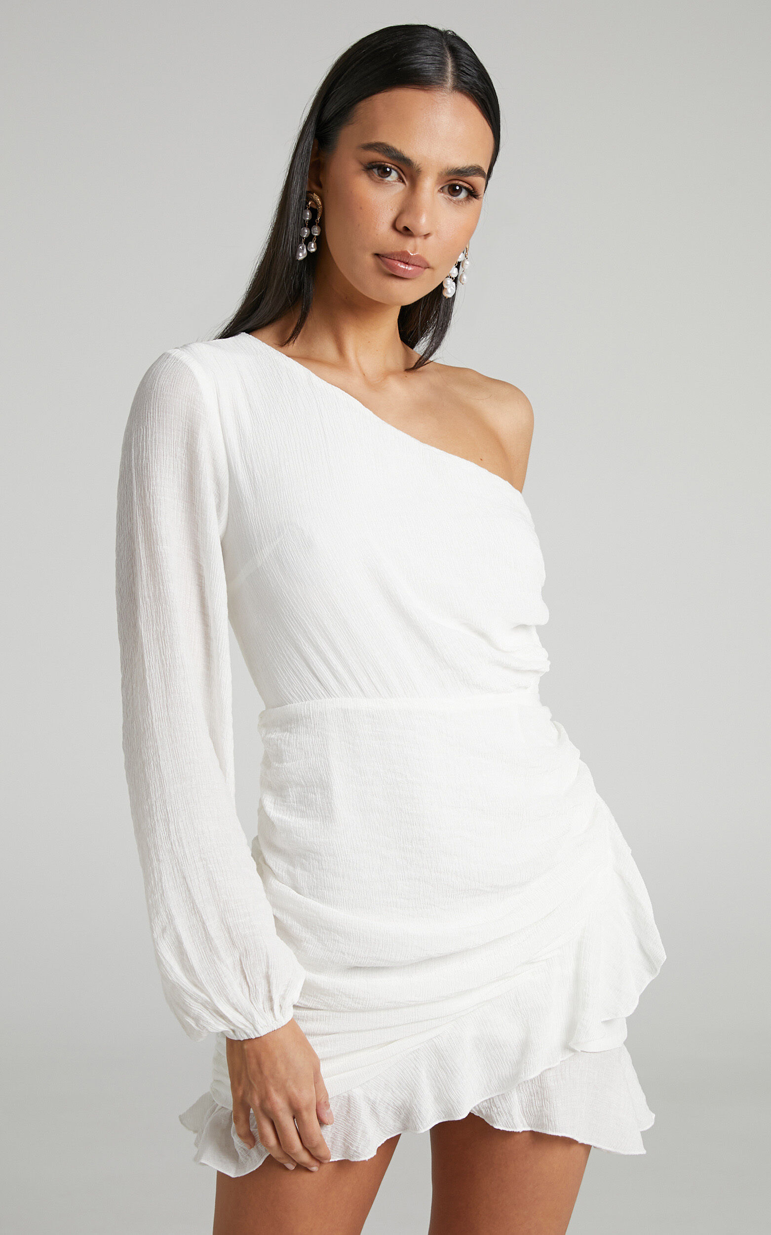 Paige Mini Dress One Shoulder Frill Hem Wrap Skirt Dress in White